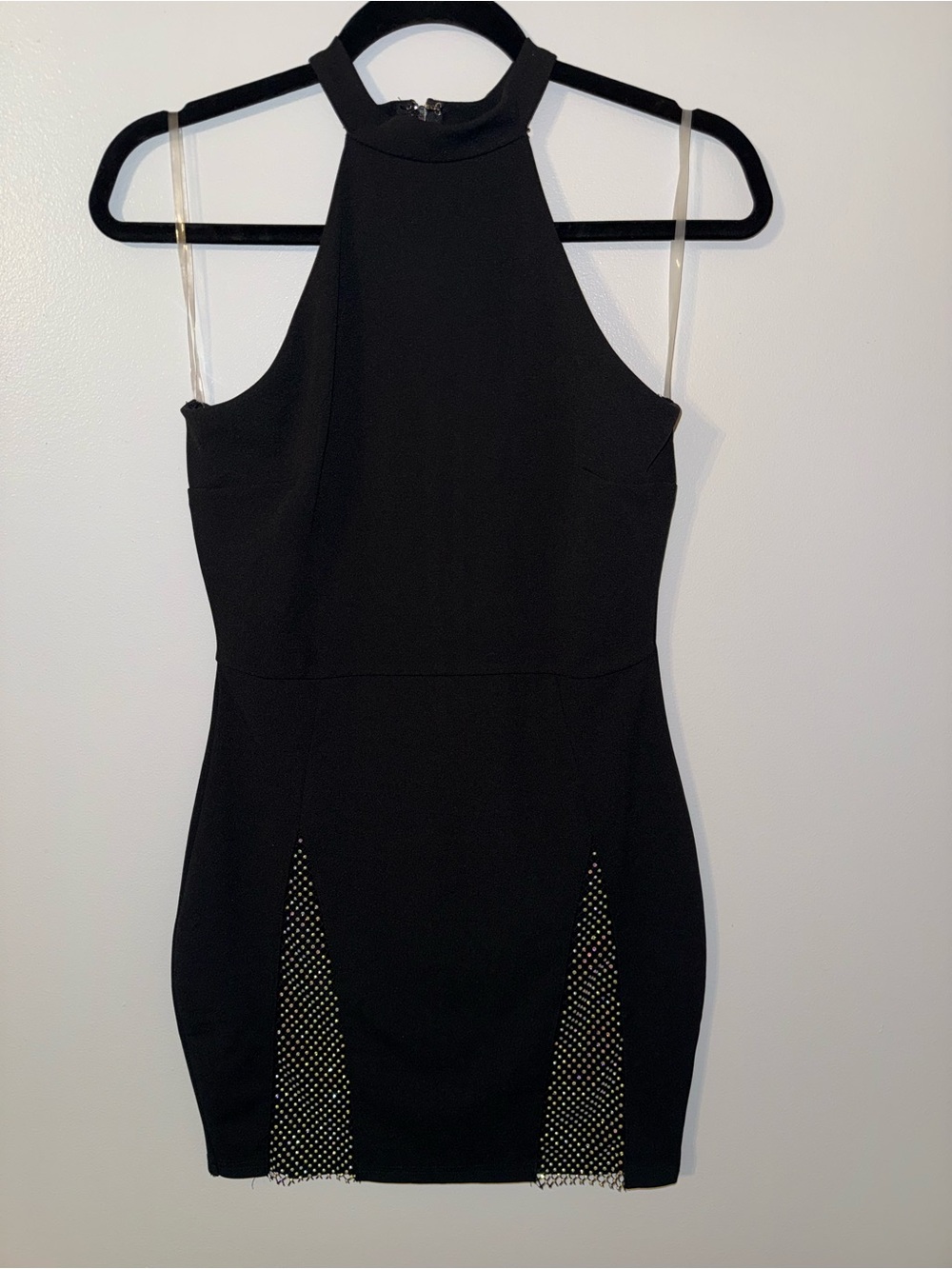 Fashion Nova Black Halter Mini Dress with Rhinestone Mesh Panels
(#109)